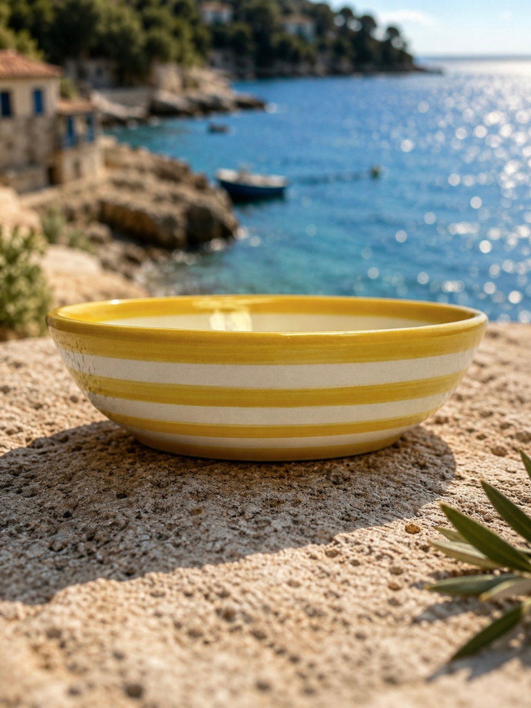 Saladier rayé jaune en céramique artisanale espagnole, poterie méditerranéenne idéale pour servir salades et fruits