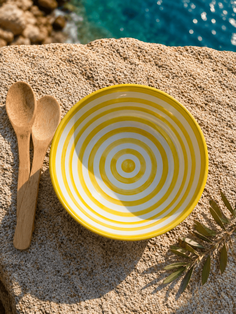Saladier rayé jaune en céramique artisanale espagnole, poterie méditerranéenne idéale pour servir salades et fruits
