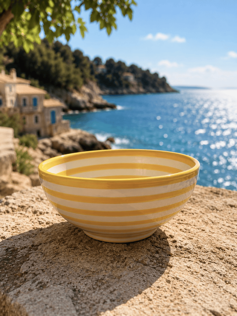 Saladier à rayures jaunes et blanches en céramique artisanale espagnole, vaisselle d'été pour table méditerranéenne. 