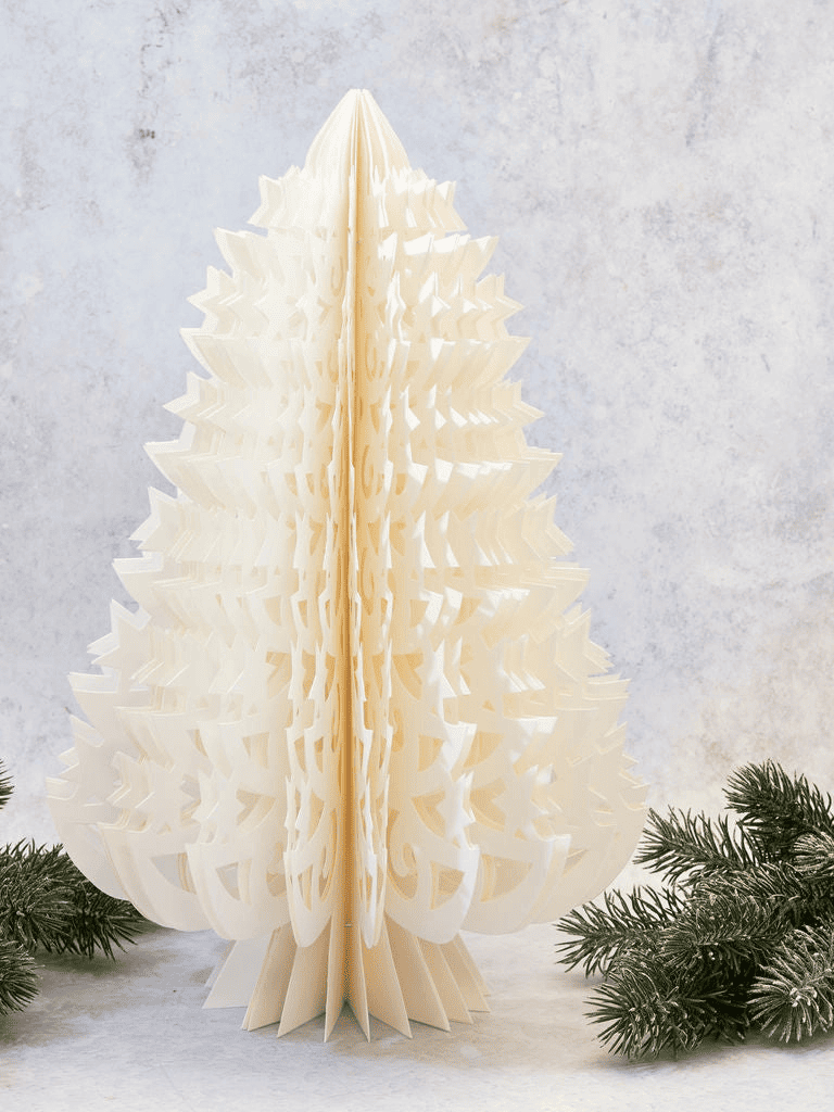 Détail des découpes fines du sapin de Noël en papier 40 cm, travail artisanal précis et raffiné