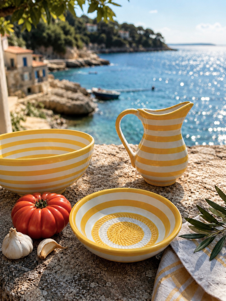 Collection de céramiques rayées jaunes comprenant un bol râpe-ail, un pichet et un saladier fabriqués artisanalement en Espagne