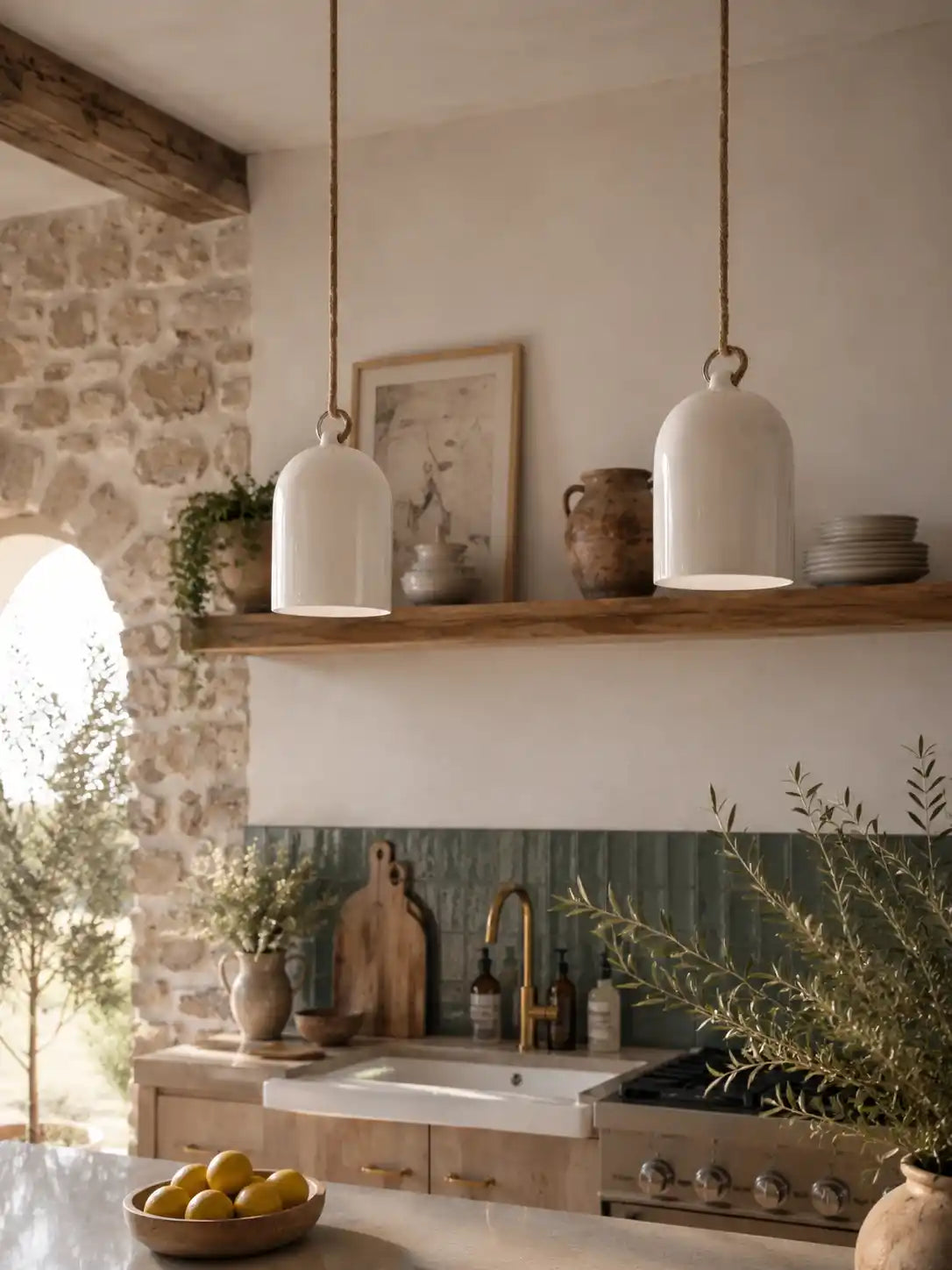 Luminaire de plafond, abat-jour porcelaine blanche câble en textile naturel. Suspendues dans une cuisine de style méditerranéen, provençal 