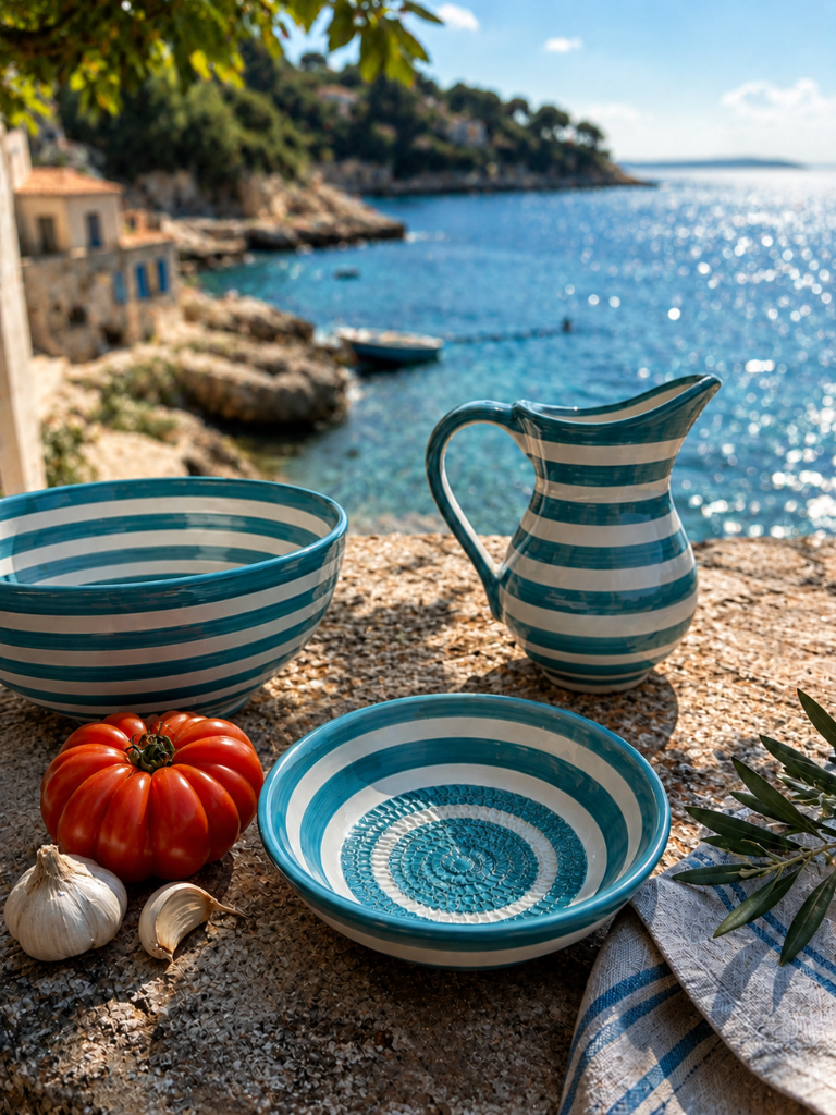 Trio de céramiques rayées bleues comprenant un pichet, un saladier et un bol râpe-ail fabriqués artisanalement en Espagne