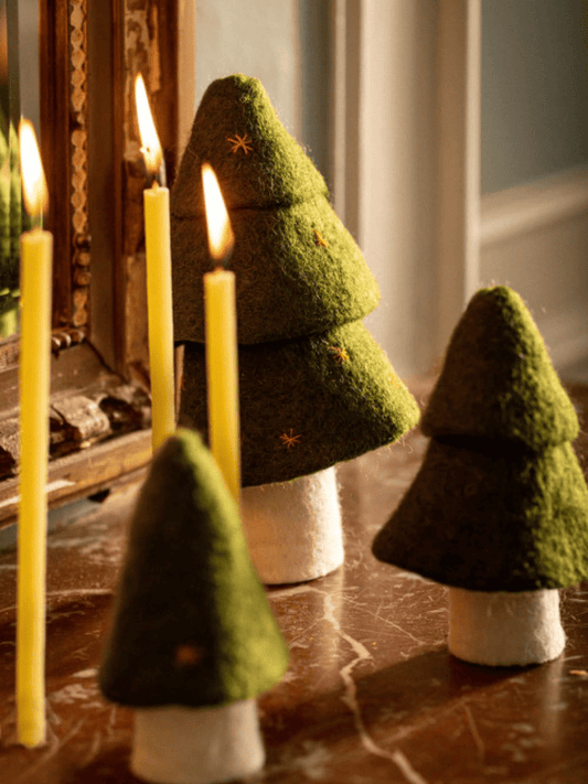 trio sapin Muskhane en feutrine vert olive, petit sapin de noël décoratif artisanal en laine feutrée