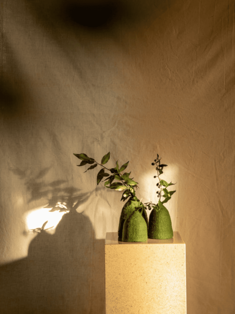 trio cache-vase Muskhane en feutrine vert olive en forme de cloche, décoration artisanale et naturelle